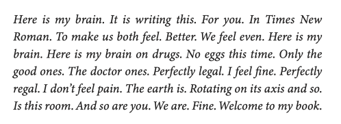 Here is my brain. It is writing this. For you. In Times New Roman. To make us both feel. Better. We feel even. Here is my brain. Here is my brain on drugs. No eggs this time. Only the good ones. The doctor ones. Perfectly legal. I feel fine. Perfectly regal. I don't feel pain. The earth is. Rotating on its axis and so. Is this room. And so are you. We are. Fine. Welcome to my book.